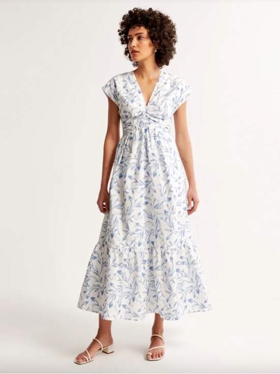 Abercrombie & Fitch Dresses & Skirts - Abercrombie - Tall Cinch-Front Poplin Midi Dress - White & Blue